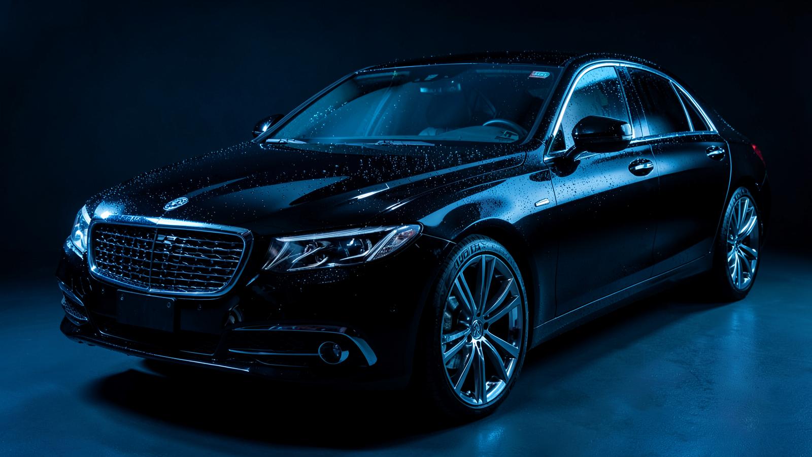 Black luxury sedan with a mirror-gloss ceramic coated finish after detailing